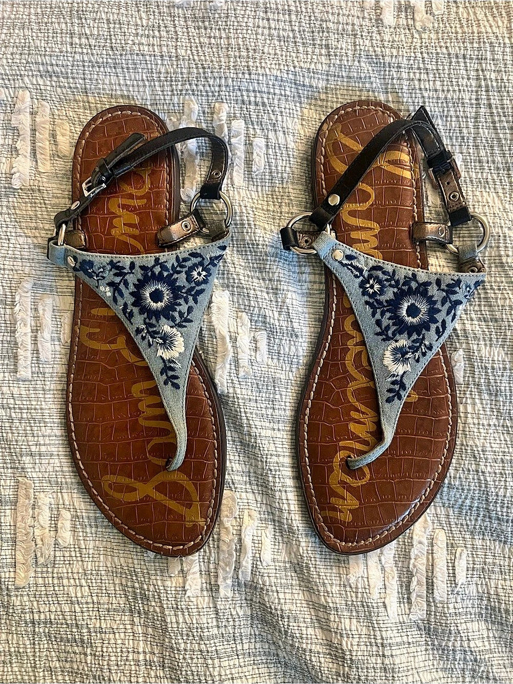 Sam Edelman Floral T-Strap Sandals in Brown & Blue